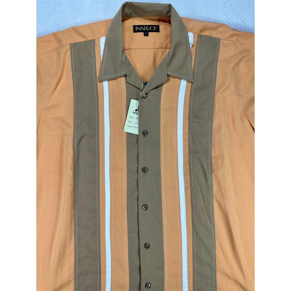 Inserch Mens 3XL Short Sleeve Button Up Shirt Salmon Orange Striped Camp